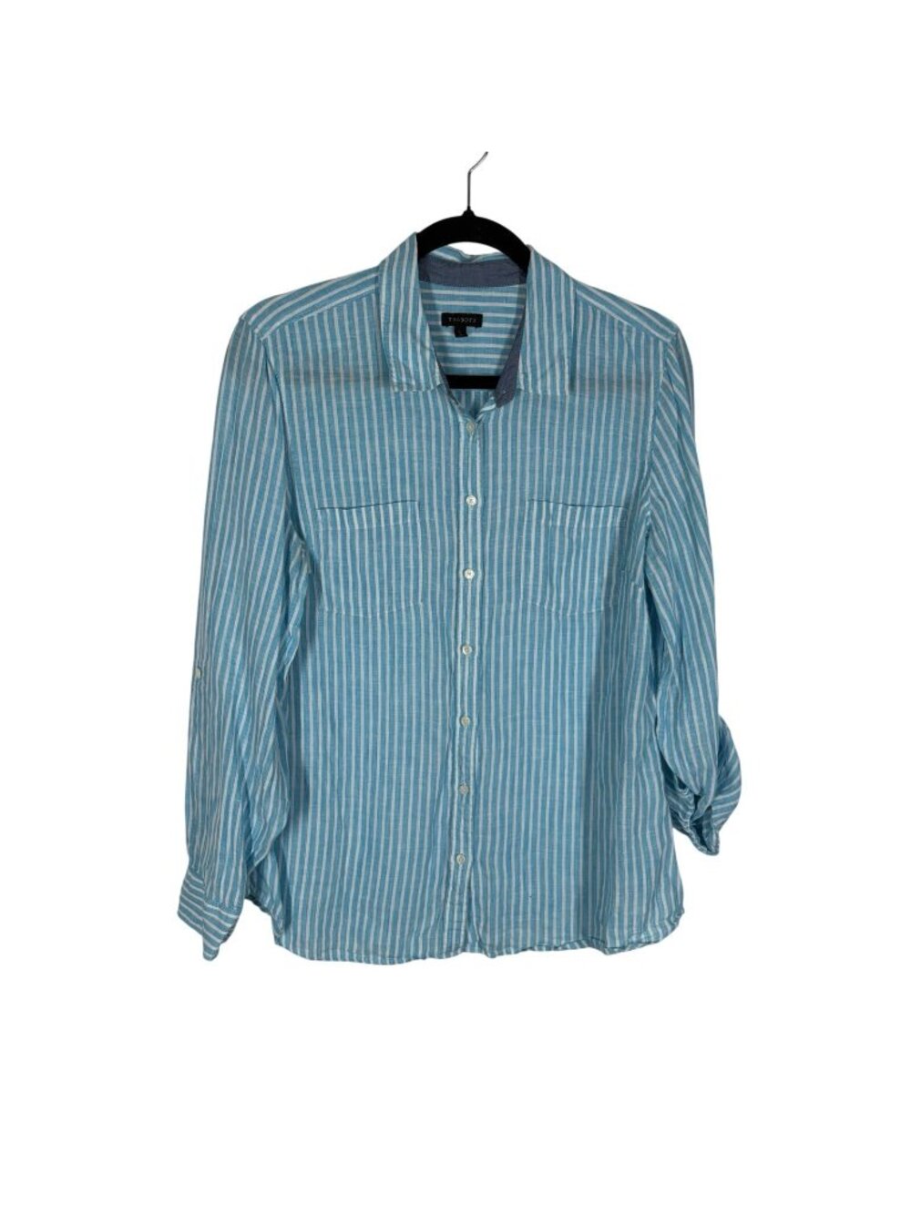 Talbots Women L Blue White Striped 100% Linen Roll Tab Sleeves Button Up Shirt